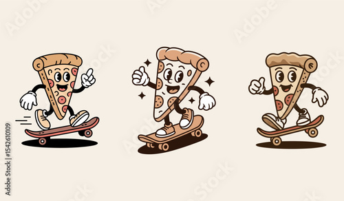 3 Set Of Fun Retro Style Pizza Slice Characters Skateboarding On Plain Background.