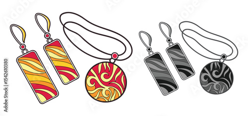 Elegant jewelry illustration showcasing two pairs of earrings and a pendant with vibrant colored and grayscale artistic designs