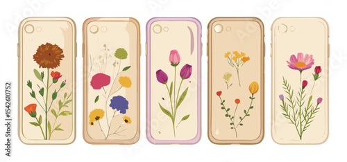 Five stylish smartphone cases showcasing elegant floral designs featuring detailed watercolor paintings and charming botanical illustrations.