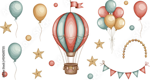 Watercolor set of illustrations with vintage hot air Balloons, garlands or stars. Drawing of Circus aerostat for childish party decorations or Baby shower greeting cards. Art with strings and pennant