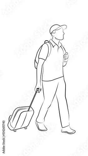 Line art of a traveler walking with luggage, wearing a cap and backpack, ideal for travel concepts and editorial or educational uses.
