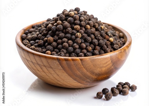 Organic Black Peppercorns in Wooden Bowl Aromatic Spice