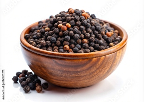 Organic Black Peppercorns in Wooden Bowl Aromatic Spice