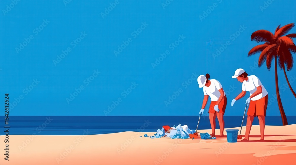 Fototapeta premium Beach Cleanup Volunteers Protecting Coastal Paradise
