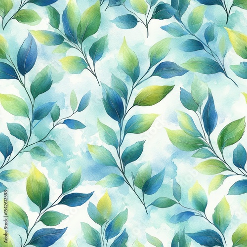 Seamless pattern of watercolor green and blue leaves on light background evoking freshness and calm natural atmosphere