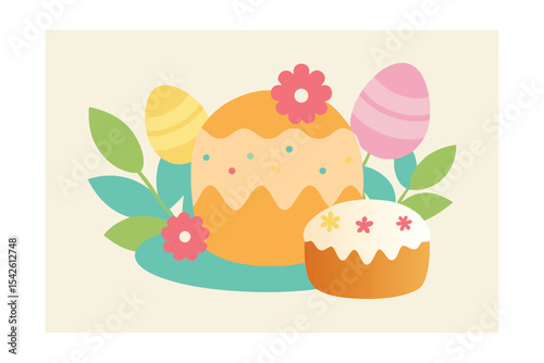 Easter Cake and Sweets with Floral Decoration on White Background Design