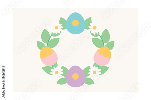 Spring Wreath with Easter Eggs and Daisies on White Background Design