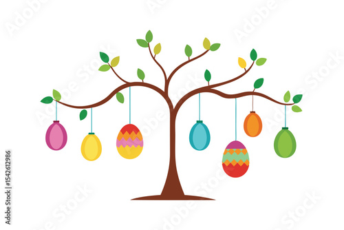 Easter Egg Tree with Hanging Ornaments on a White Background Design