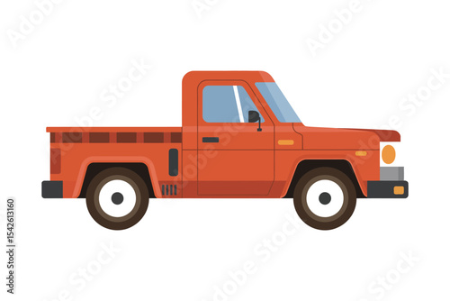 A flat, minimalist vector illustration of a classic pickup truck in bright orange-red color.