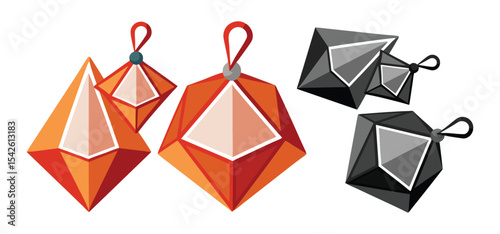 Geometric shaped pendants in vibrant colors with minimalistic design suitable for decoration and ornaments in festive arrangements.
