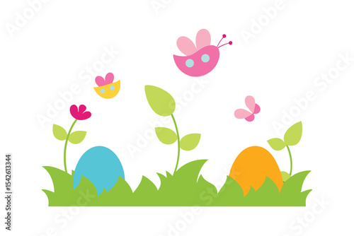 Easter Garden Design with Butterflies and Eggs on White Background