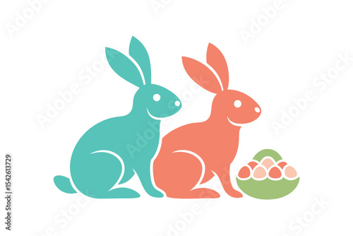 Vintage Easter Illustration with Bunnies on White Background