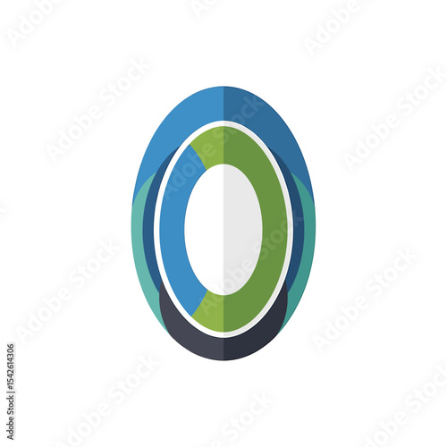 Abstract oval shape composed of overlapping layers in blue, green, and white tones
