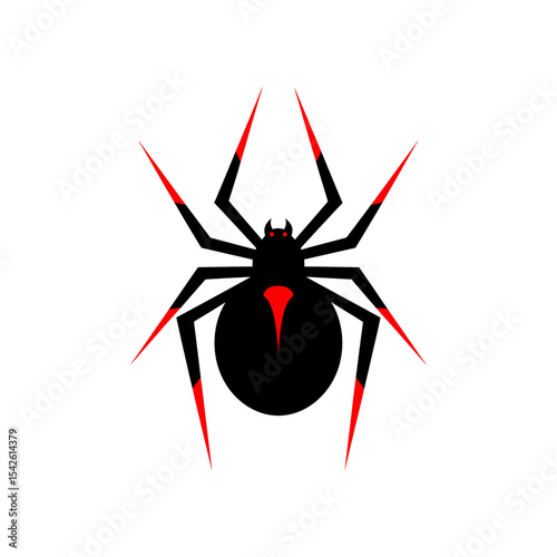 Black Widow Spider Illustration with Red Hourglass Isolated on White Background