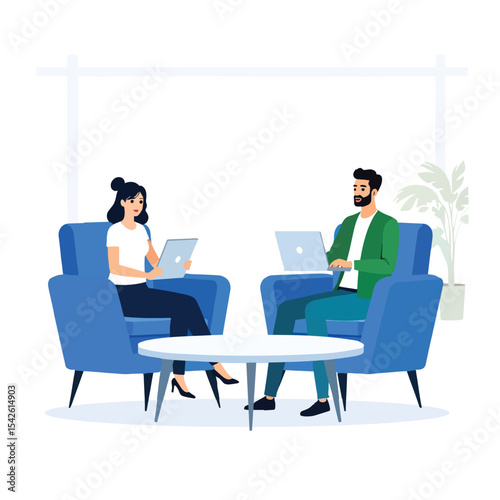 flat art men and women doing bussiness illustration, flat art consultation illustration, 