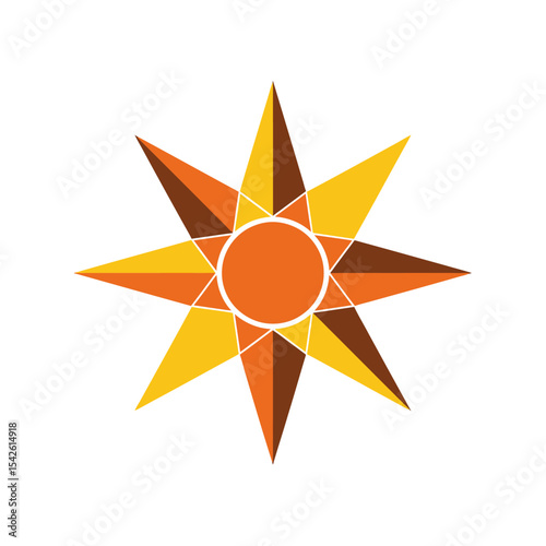 Geometric starburst design with warm colors radiating from a central circle