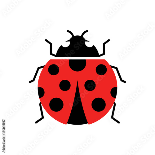 Graphic ladybug illustration with red shell and black spots on a white background