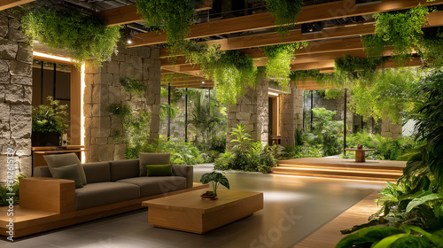 Serene Biophilic Interior: A beautifully designed interior space incorporating natural elements, creating a tranquil and inviting environment.  Emphasizing harmony between nature and modern design. 