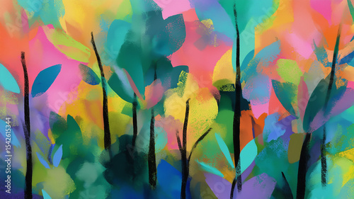 Colorful impressionist forest painting depicting lush nature