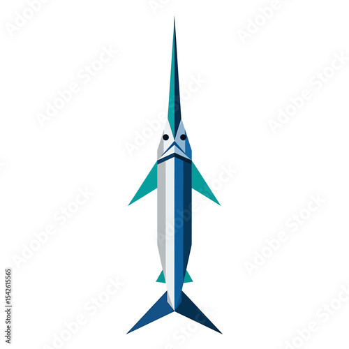 Stylized geometric swordfish illustration on a white background creating a modern aquatic vibe