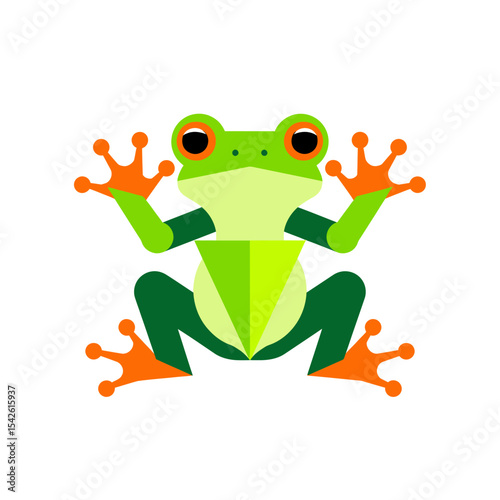 Stylized vector illustration of a cute frog with vibrant green and orange colors