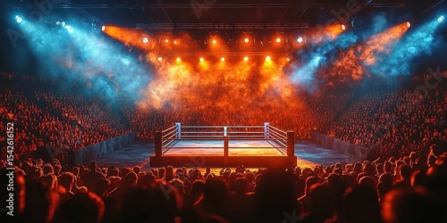 Empty wrestling ring in center of large arena filled with spectators under dramatic blue and orange lighting and smoke effects