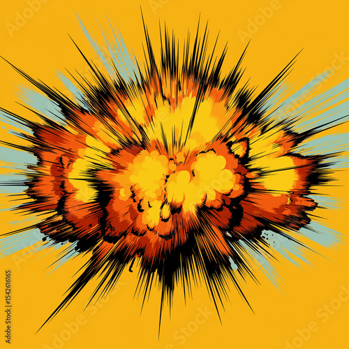 Powerful explosion creating shockwave and smoke on yellow background