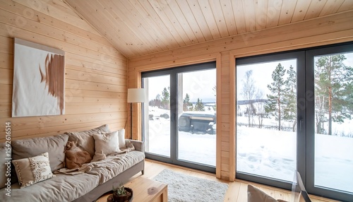 A cozy cabin interior showcases raw pinewood and soft linen in a wintery Scandinavian setting