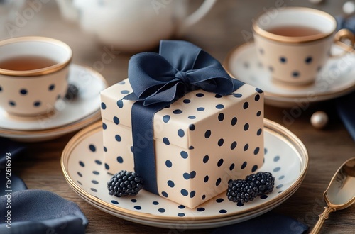 Polka dot gift box with navy blue ribbon on a matching polka dot plate surrounded by blackberries and two teacups filled with tea, creating an elegant tea party mood