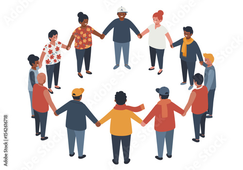 Diverse people form a circle holding hands in unity and community