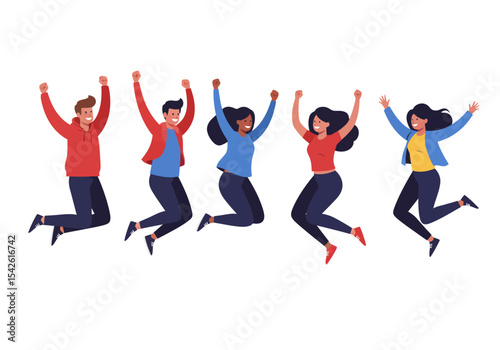 Five diverse figures jumping with arms raised in a celebratory pose