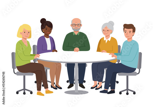Five diverse people sit around a white round table in gray office chairs