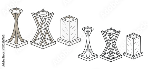 Hand drawn candle holders of varying shapes and sizes each holding a lit candle with simple and minimalistic design.