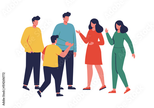 Five flatstyle people are gathered and gesturing dressed in simple block colors