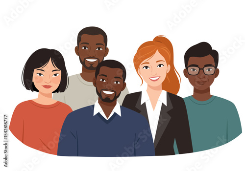 Five diverse people with smiles in casual and formal attire form a friendly group