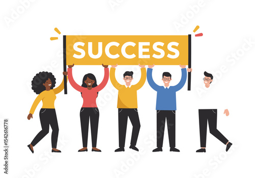 Five people hold up a banner that says SUCCESS
