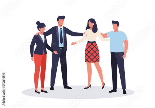 Four people are standing together smiling and posing