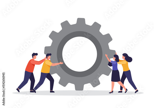 Four people push a large gray gear on a white background