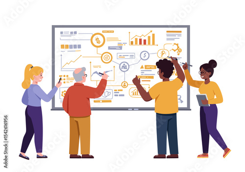 Four people collaborate on a whiteboard diagram with charts and symbols in a modern office