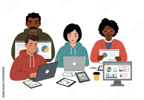 Four people sit at a table with devices reviewing charts