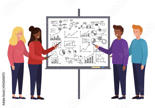 Four people stand before a presentation board covered in graphs charts and symbols