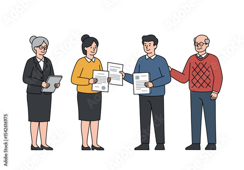 Four people stand holding documents