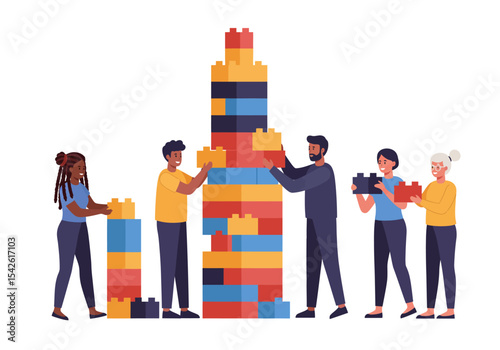 People collaborate to construct towers from colorful interlocking building blocks