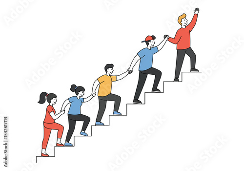 People climbing stairs holding hands symbolizing support and progress top figure waving