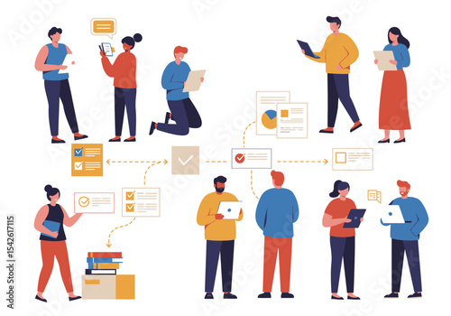 People interacting around a process flow chart with various documents