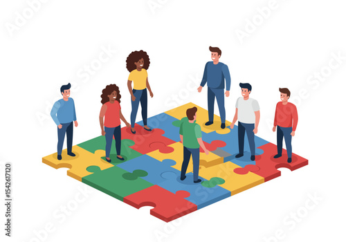 People stand on a colorful puzzle forming a team working together