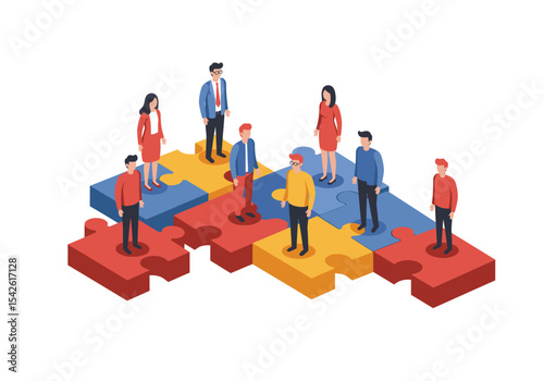 People stand on joined puzzle pieces forming a platform