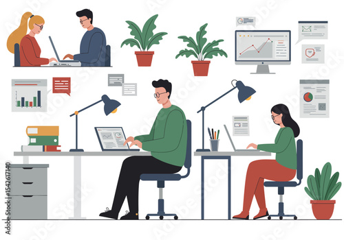 People working at their computers with monitors and plants around the desks