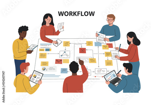 People working on a workflow chart using sticky notes and digital devices