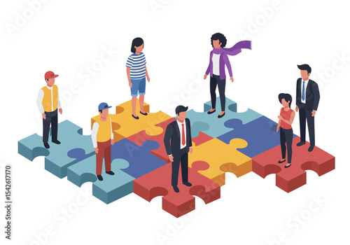 People stand on interlocking jigsaw pieces of blue red and yellow